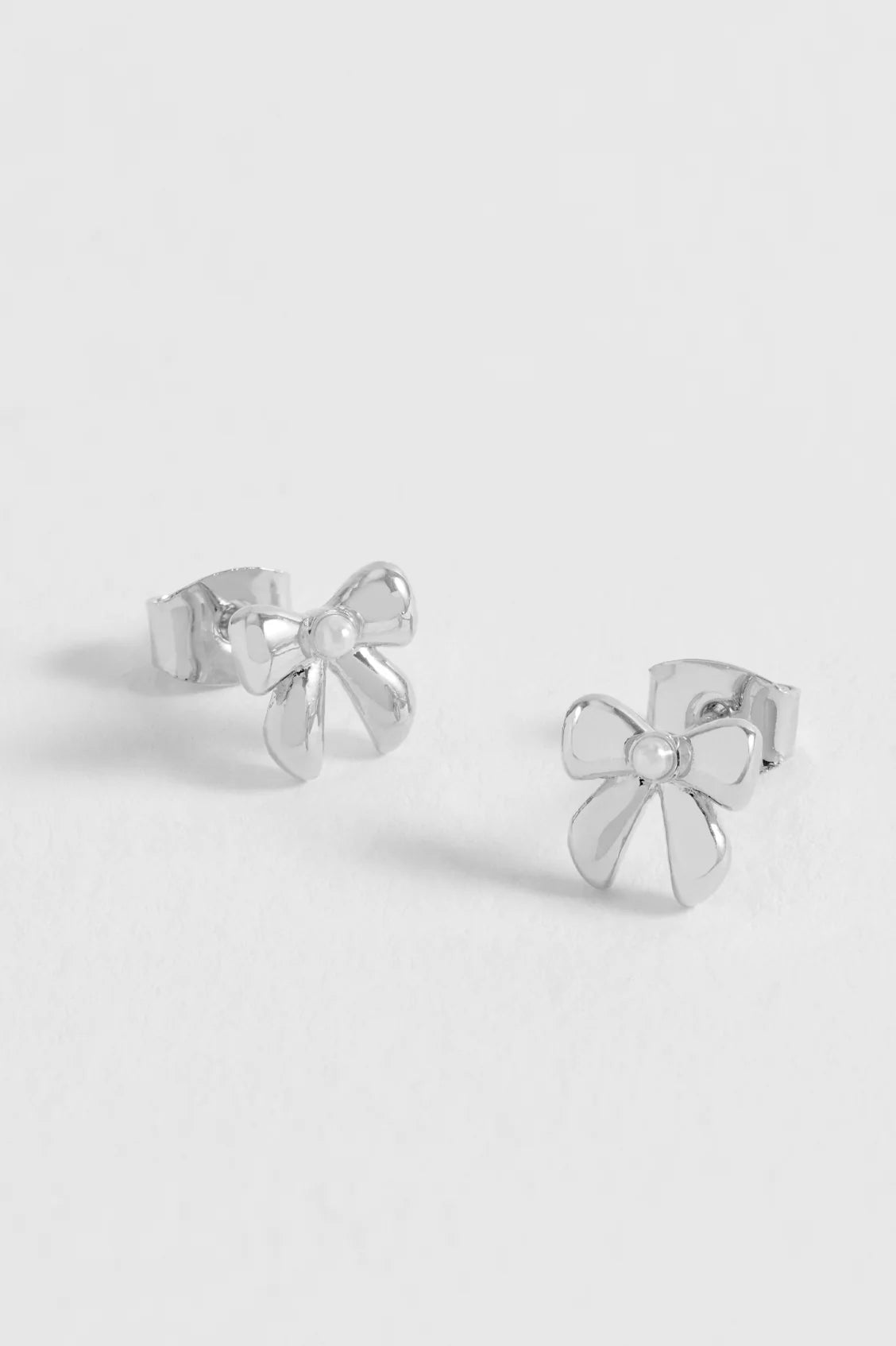 Pearl Bow Stud Earrings Silver