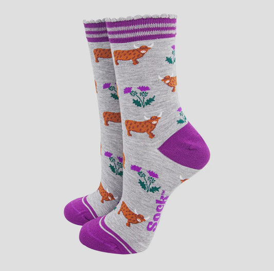 Highland Cow Purple Bamboo Socks