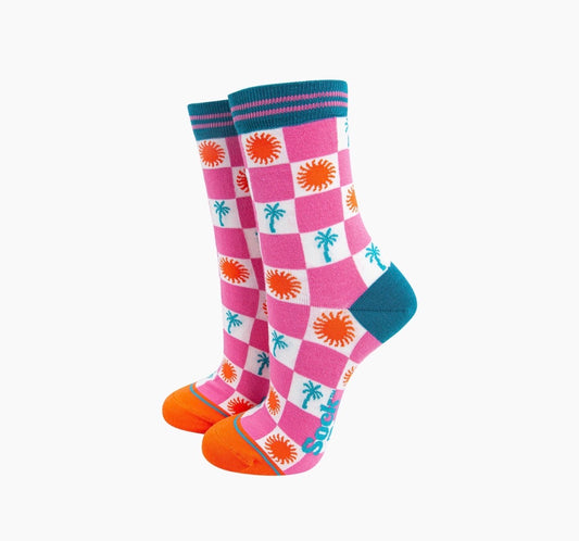 Palm Tree Sun Checkerboard Bamboo Socks - Rogue Boutique UK