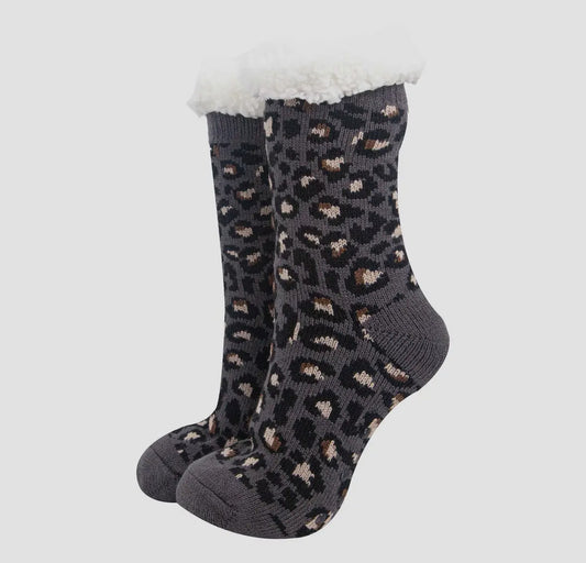 Grey Leopard Slipper Socks