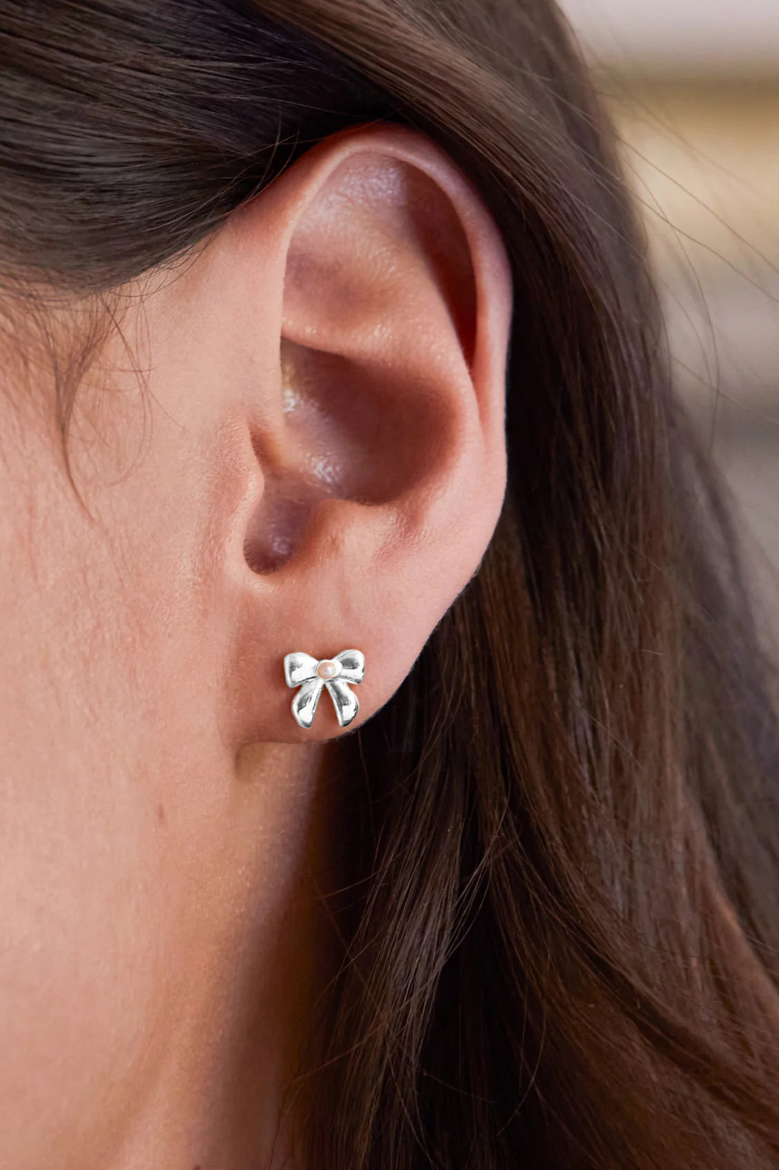 Pearl Bow Stud Earrings Silver