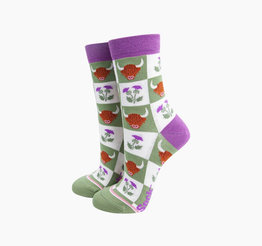 Highland Cow Checkerboard Bamboo Socks - Rogue Boutique UK