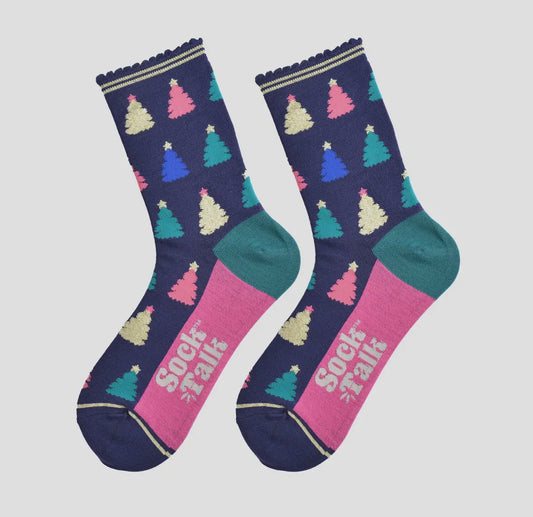 Navy Christmas Tree Bamboo Socks