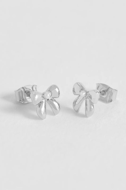 Pearl Bow Stud Earrings Silver