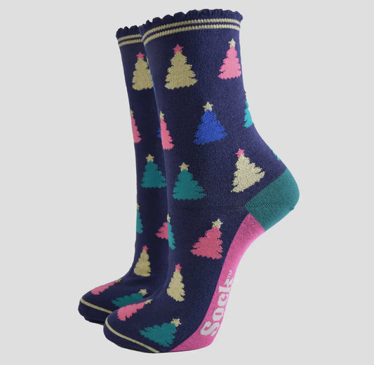 Navy Christmas Tree Bamboo Socks