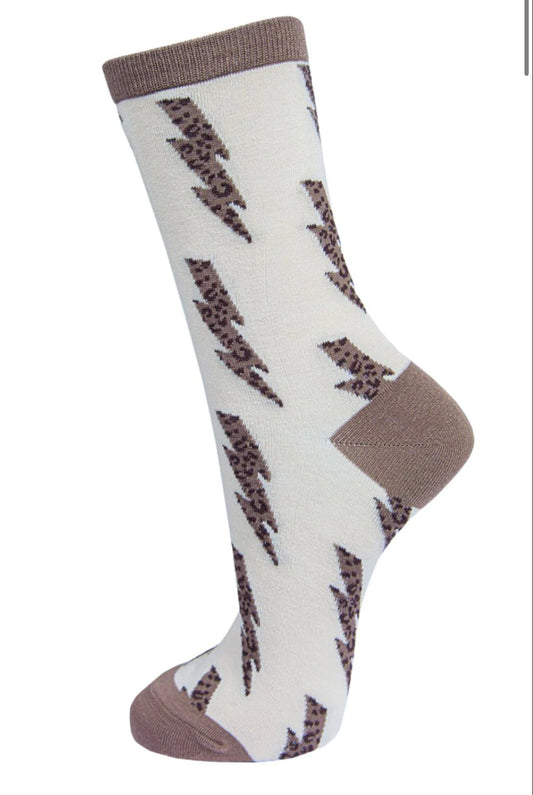 Lightning Bolt Beige Bamboo socks